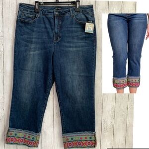 John Mark Womens 20W  Embroidered Cuff Ankle Jeans Dark Wash Frayed Hem NWT